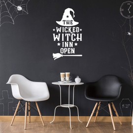 Vinyl Wall Art Decal - The Wicked Witch Inn Open - 17" x 22" - Trendy Funny Witch Hat Shape Quote Sticker for Entryway Dining Room Kitchen Restaurant Coffee Shop Store Window Spooky Decor (White)