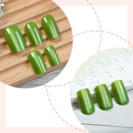 Green Short Square Press on Nails Cats Eyes Fake Nails Sparkly False Nails Reusable Glossy Glue on Nails Solid Colour Stick on Nails Magnetic Short Nails for Women Girls 24Pcs