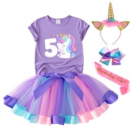 Tutu and Sian Unicorn Birthday Outfit for Girls - Shirt, Tutu Skirt Dress, Birthday Girl Crown, Hair Bow & Satin Sash (Purple 5Y, 4-5 Years)