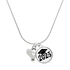 Delight Jewelry Silvertone Large Heart with Cutout Script Class of 2025 Dome Charm Necklace, 18"