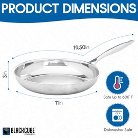 Black Cube Stainless Steel 11-inch Frying Pan, 3 Ply Professional Grade Steel Skillet, Sliver, Dishwasher Safe.