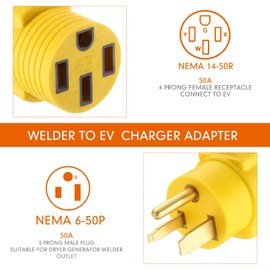 Kanayu EV Charger Adapter Compatible with NEMA 6-50P to 14-50R 50 Amp 3 Prong Welder Plug to 4 Prong Charging Connector, Welder Welding Charger Power Cord Adapter, EV use only, not for RV (Yellow)