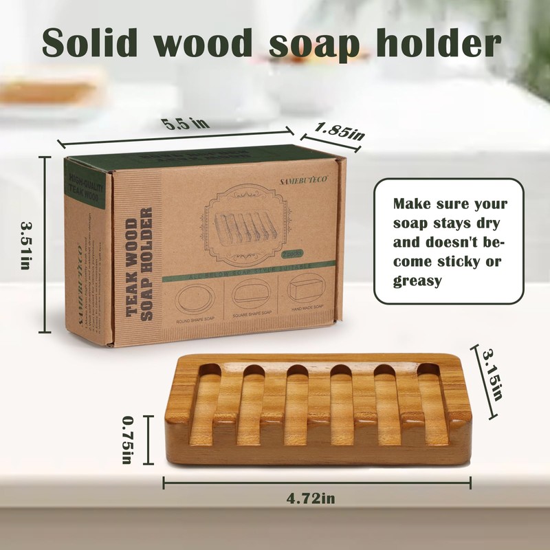 SAMEBUTECO Set of 2 Teak Wood Soap Dishes with Sloped