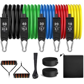 Resistance Bands Set with Large Handles Natural Exercise Rubber Bands Stackable up to 150 lbs Comes as a Set of 5 Fitness Workout Bands with Ankle Straps Door Anchor Attachment Carry Bag