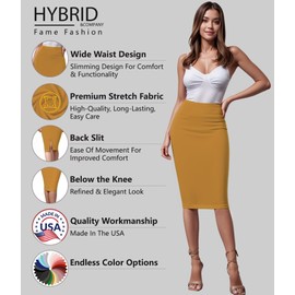 Hybrid & Company Women's Premium Nylon Ponte Stretch High Waist Pencil Suit Skirt Below Knee KSK45002 1073T Mustard L