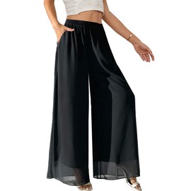 Yehopere Palazzo Pants for Women Dressy Flowy Chiffon Double Layers Summer Boho Wide Leg Casual Lounge Pants Trouser Black