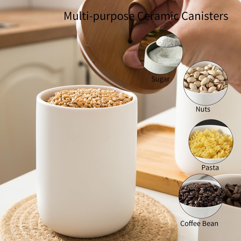 Kendiis Canister Sets for Kitchen, White Ceramic Kitchen Canisters for