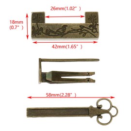 Quluxe Antique Chinese Lock and Key, Flower Bird Carved Retro Padlock Old Vintage Lock with Key for Jewelry Box- Bronze