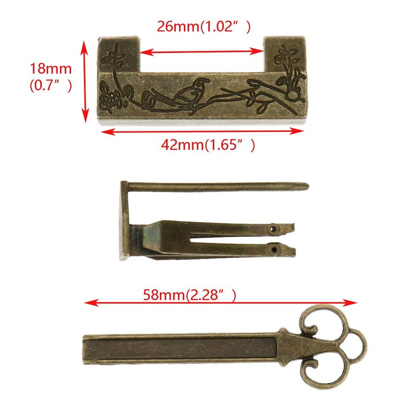 Quluxe Antique Chinese Lock and Key, Flower Bird Carved Retro