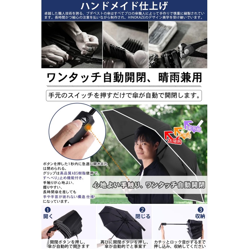 HINOKAZE Folding Umbrella, One-Touch, Automatic Open/Close, Men's, 9.1 oz (260