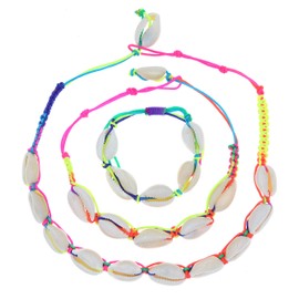 FROG SAC Cowrie Shell Necklace with Matching Seashell Anklet and Bracelet, VSCO Accessories Set for Adults, Aesthetic Beach Jewelry for Women (Rainbow Tie Dye)