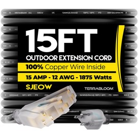 TerraBloom 12/3 Heavy Duty Extension Cord 50 FT Outdoor - Black Outdoor Extension Cord Multiple Outlet - Ultra-Flexible SJEOW Rubber, Light Indicator, Triple Outlet for Maximum Efficiency - 15 Amp