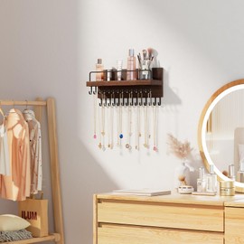 Lolalet Necklace Holder Hanging Necklace Organizer Wall Mounted Jewelry Organizer with 30 Hooks and Perfume Shelf, Wood Necklace Hanger Rack for Bracelets -Brown