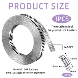 3.5m DIY Jubilee Clips Kit – 304 Stainless Steel Hose Clamp Roll with 10 Fasteners, Adjustable Worm Gear Pipe Clamp Strip, Cut-to-Length Metal Band for Pipe, Tube, Fuel Line, Garden Hose Fixing