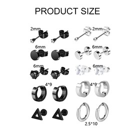 10 Pairs Men's Earrings Stainless Steel Men's Earrings Black Titanium Punk Earrings Cross Piercing Stud Earrings Round Cool Stud Earrings Hoop Earrings Cross Dangle Earrings for Men Boys, Stainless
