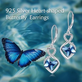 VONALA Infinity Butterfly Earrings for Women 925 Sterling Silver Blue Crystal Butterfly Leverback Earring Jewelry Birthday Gifts for Her