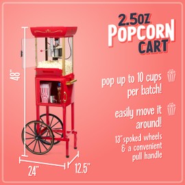 Nostalgia Popcorn Maker Machine - Professional Cart With 2.5 Oz Kettle Makes Up to 10 Cups - Vintage Popcorn Machine Movie Theater Style - Red