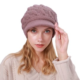 CheChury Women Knit Beanie Hats Visor Winter Fleece Lined Beret Hat Knitted Peaked Beanie Thermal Baker Boy Cap Newsboy Cap Hat Warm Wool Ski Hat for Winter,Pink,One Size