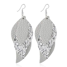 Leather Earrings 3 Layered Lightweight Faux Leather Leaf Earrings Layered Glitter Design Drop Earrings Fashion Retro Sequin Shining Statement Dangle Earring for Women Jewelry-sliver