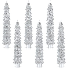 Funtery 6 Pcs Christmas Tree Candles 9.7 Inches Unscented Real Wax Christmas Tree Shaped Taper Candles for Xmas Fireplace Holiday Party Banquet Centerpiece Decorations(Silver)