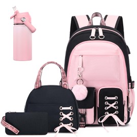 ACESAK Kids School Backpack for Girls, 4-In-1 Bookbag Backpack Set with 14OZ Insulated Kids Water Bottle, Lunch Bag Set for Girls Kid Teens Middle School Student, Girl Backpacks for Schools