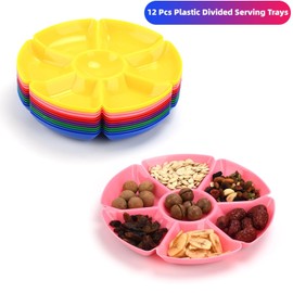 Zalaxt 12 Pcs Plastic Snack Serving Tray, 12 Inch Chip and Dip Serving Tray, 7-Section Compartment Platter, Food Platter for Snack, Nuts, Candy, Dried Fruit, Veggies