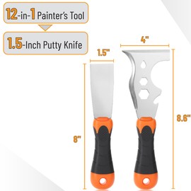 Bates- Paint Scraper Set, 2 Pack, 12 in 1 Painters Tool with 1.5" Stainless Steel Putty Knife, Rubber Handle, Paint Scrapers for Wood, Painters Knife, Paint Scraper for Painting, Metal Scraper