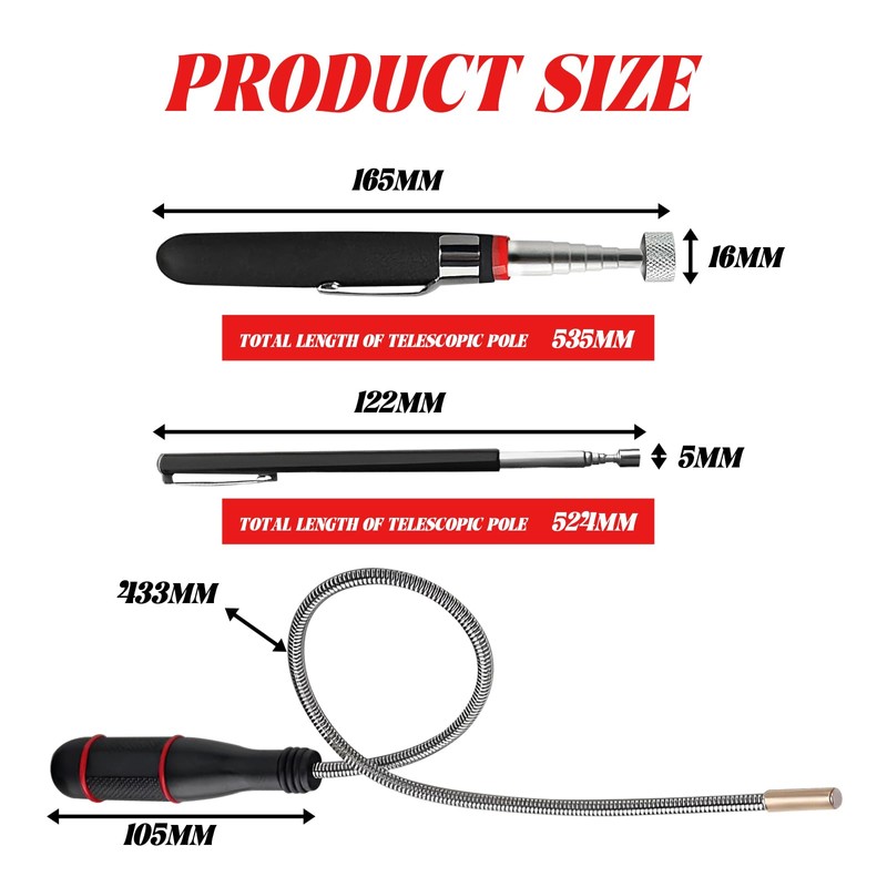 Pack of 3 Strong Magnetic Rod Grabber, Telescopic Magnet, Portable