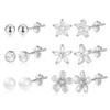 ASH'S CHOICE Women's 925 Silver Earrings, 6 Pairs of 925 Silver Stud Earrings, Small Earrings Set, Multipack Glitz Stud Earrings with Rhinestones, Zirconia, Leaf, Star, Moon, Leaf, Ball Stud Earrings,