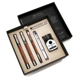 Monteverde Ritma 3+2 Piece Gift Set, Walnut - Includes Fine Nib Fountain Pen, Rollerball, Ballpoint, 30ml Ink & Refill - Elegant Writing Set for Professionals & Collectors