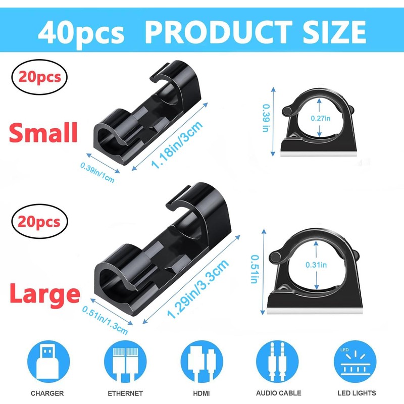 40 PCS Cable Clips Black (Small & Large),Adhesive Cable Clips