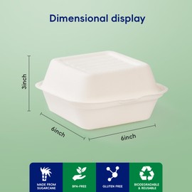JOLLY CHEF Clamshell Take Out Food Containers, [6 * 6" 200-Pack] To Go Containers, Disposable Paper Containers, Sugarcane To Go Boxes for Salad,Lunch