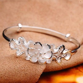 Lingduan 925 Sterling Silver Bangle Flower Bracelet Bauhinia Flower Bracelet Elegant Open Adjustable Bracelet for Women's Jewelry Chinese National Style