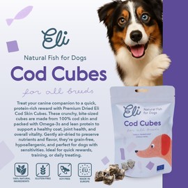 Eli Cod Skin Cubes – A Natural, Bite-Sized Fish Treat for Dogs, High in Protein and Omega-3, Ideal for Quick Rewards or Meal Toppers, Single Ingredient, Grain Free, Gluten Free, Air Dried – 2 Pack