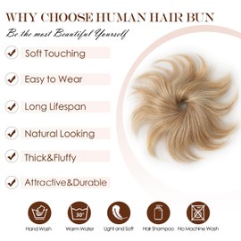 Fullart Messy Bun Hair Piece Human Hair #P18-613 Ash Blonde Highlighted Bleach Blonde 1 Count Tousled Stretchy Fluffy Donut Updo Elastic Rubber Band Ponytail Extensions