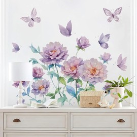 KAIRNE Purple Flowers Wall Sticker Boho Peony Butterfly Decals Watercolor Floral Large Wall Decals for Living Room Bedroom Elegant Purple Flower Sticker for Girls Bedroom TV Background
