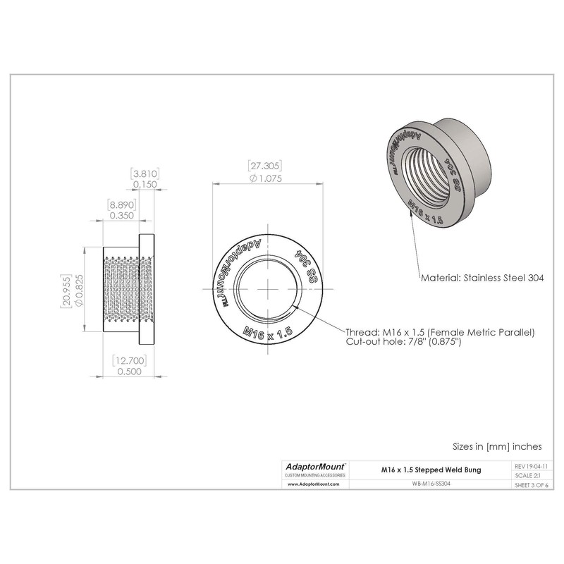 M16 x 1.5 Stainless Steel 304 Female Threaded Stepped Weld