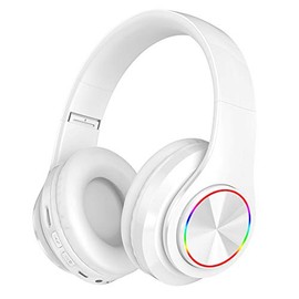 iChenovo - Auriculares inalámbricos Bluetooth con luces LED coloridas, cómodos y plegables con micrófono incorporado, FM, ranura para tarjeta SD, con cable para escuela, tablet, PC, TV, teléfonos móviles, viajes