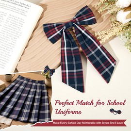 DEEKA 5 Styles Uniform Plaid Long Tail Hair Bows Knotted Headband Scrunchies Bow Set Alligator Clips Back to School Accessories for Toddler Little School Girls (Dark Navy&Red 5 Styles)