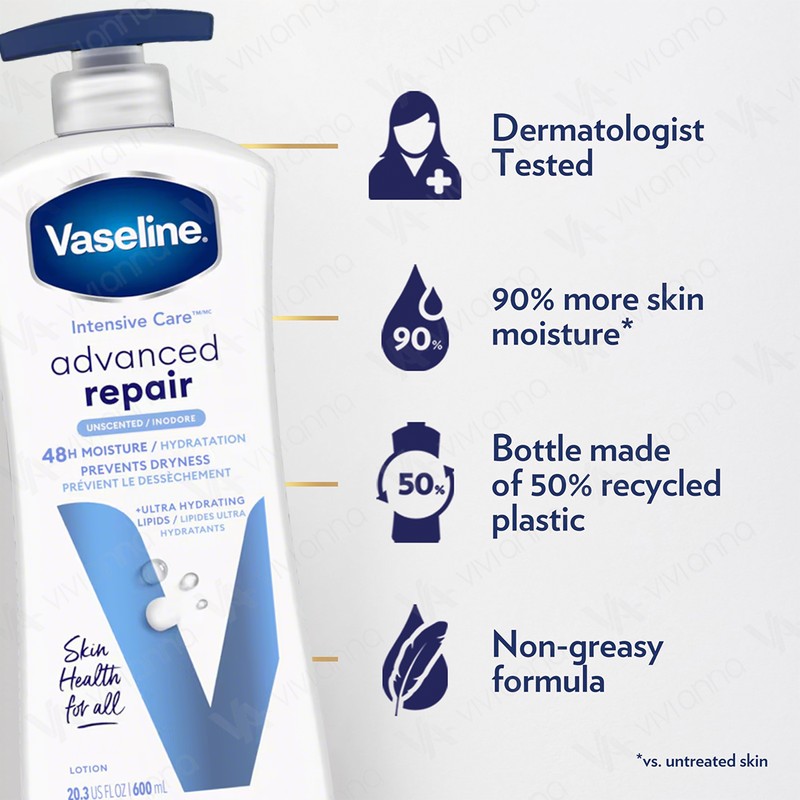 Vaseline Intensive Care Advanced Repair Unscented Lotion 600ml, Ultra-Hydrating with