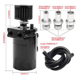 VEHSUN Oil Catch Tank, Aluminum, For Cars, Motorcycles, Universal Oil Catch, Includes Freezer Filter, Flat Head, Cylindrical Type, Hose Nipple, Outer Diameter: 4.3 inches (11 mm), 0.5 inches (13 mm),