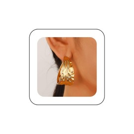 Inilbran Punk Chunky C Shape Hoop Earrings Vintage Hammered Geometric Earrings Gold Large Big Flat Huggie Earrings Metal Wide Circle Stud Earrings Jewelry for Women