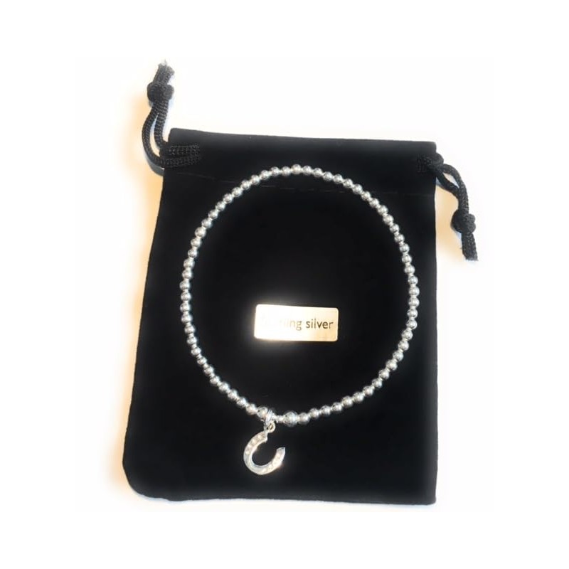 Sterling Silver 925 Beaded Stretch Horseshoe Charm Bracelet