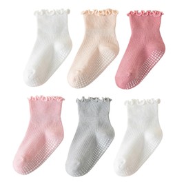 ANYANIME 6 Pairs Toddler Ruffle Socks for Girls Baby Grip Socks Non Slip Socks Cute Grippy Frilly Socks