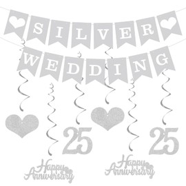 Elicola 25th Anniversary Decorations Silver Wedding Banner Hanging Swirls Happy 25th Anniversary Bunting Backdrop for Party Decorations
