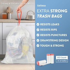 Geiteoa 18 Gallon Trash Bags with Drawstring - 102 Count - Large Strong Trash Can Liners, High Density & Heavy Duty Plastic Garbage Bags for Home Kitchen Office Lawn Commercial, Clear