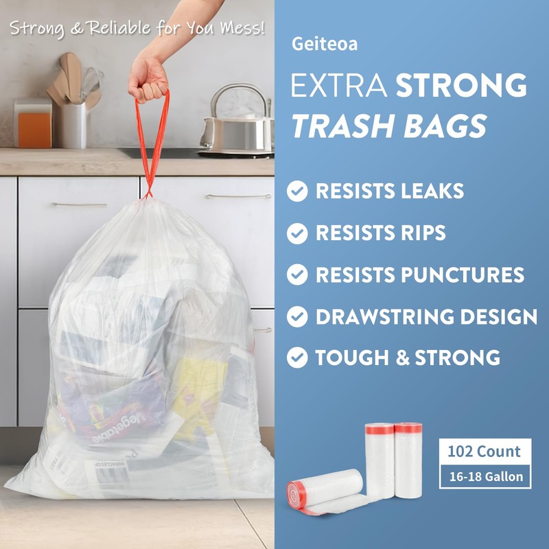 Geiteoa 18 Gallon Trash Bags with Drawstring - 102 Count