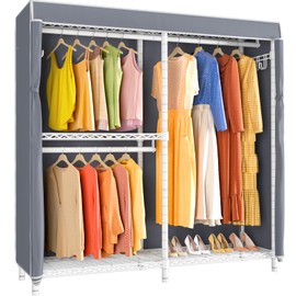 VIPEK V4C Heavy Duty Adjustable Clothing Rack, White Metal Closet Rack with Grey Cover, 57.9" L x 17.3" W x 76.4" H, 3 Hanging Rods & Side Hooks, Portable Closet