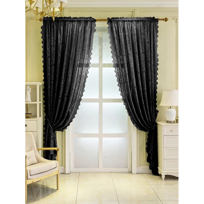 F-CHU Black Lace Curtains 72 drop Pair Voile Net Curtains