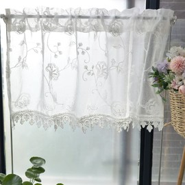 pureaqu Stylish Floral Print White Cafe Curtain, Short Small Window, Lace Curtain, Partition, Kitchen, Partition, Half Window Curtain, Bathroom, Washroom, Living Room, Coffee Shop, 1 Piece, Width 78.7 x Length 19.7 inches (200 cm) x Length 19.7 inches (5